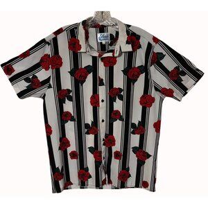 Fresh Prints of Bel-Air Red Rose & Stripe L‎ Floral Bold Button-UP Retro